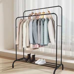 Suport dublu pentru haine, cu raft pentru incaltaminte, dimensiuni 110 cm x 54.5 cm x 150 cm, din metal, negru - Img 1