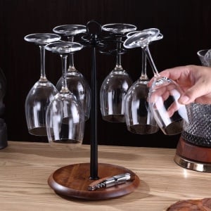 Suport rotativ pentru pahare cu picior, cu baza din lemn, cadru din metal, pentru 6 pahare, negru/maro - Img 1