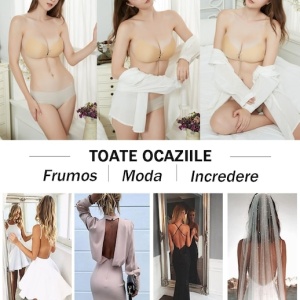Sutien, autoadeziv, din silicon si textil, cupa A, cu siret de reglare, Push Up, bej - Img 4