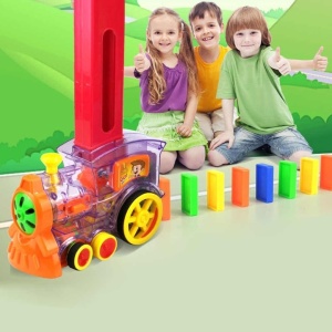 Trenulet de jucarie, tip domino, cu 80 de piese multicolore, functionare pe baterii, aranjare automata, din plastic, multicolor - Img 2
