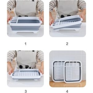 Uscator pliabil pentru vase si tacamuri, din silicon, cu 4 compartimente pentru tacamuri, dimensiuni 38 X 29.3 X 4.7 cm, gri/alb - Img 2