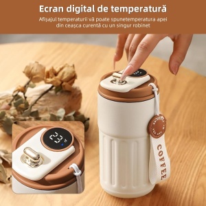 Cana termica, cu afisaj LED, control temperatura, pentru bauturi fierbinti sau reci, din otel inoxidabil, capacitate 450ml, maro - Img 2