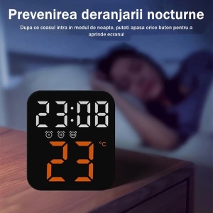 Ceas de masa, cu lumina led portocaliu, incarcare USB, alarme, calendar, temperatura, functie snooze, mod de noapte, dimensiuni 11 X 10 X 4 cm, negru/portocaliu - Img 3