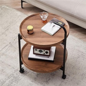 Masa de cafea, cu maner lateral, depozitare pe etaje, cu roti pentru transport usor, din lemn si metal, maro/negru - Img 2