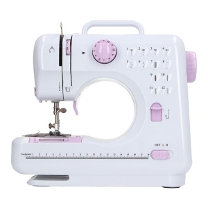Masina de cusut, cu 12 modele de cusaturi, cu accesorii, gradat cu centimetrii, compact si portabil, alb/roz - Img 1