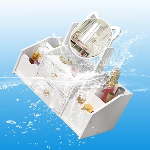 Organizator cosmetice, cu sertar si oglinda, cu 4 compartimente, din plastic si ABS, impermeabil, alb - Img 4
