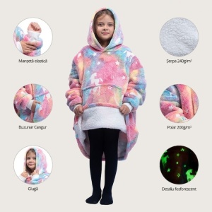 Patura cu maneci, tip hanorac lung, pentru copii/adulti, cu imprimeu FLUORESCENT, din fleece captusit cu blana, cu buzunare, mansete si gluga, roz - Img 2