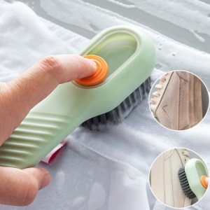 Perie pentru curatare incaltaminte, cu recipient pentru detergent, cu buton de dozare al detergentului, peri foarte moi, din platric, verde - Img 4