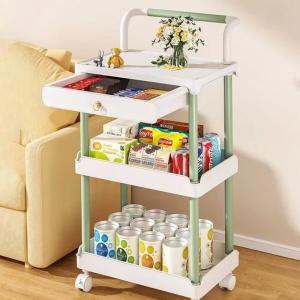 Raft portabil, cu 3 nivele si 1 sertar, maner de transport, dimensiuni 36.5 (L) x 28 (l) x 74.5 (H) cm, din plastic, cu 4 roti, alb/verde - Img 1