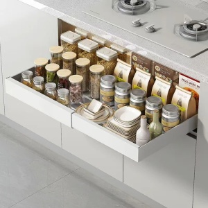 Sertar extensibil din metal, cu 3 glisiere autoadezive, extragere 80%, dimensiuni 31-50 cm x 42 cm x 6 cm, alb - Img 4