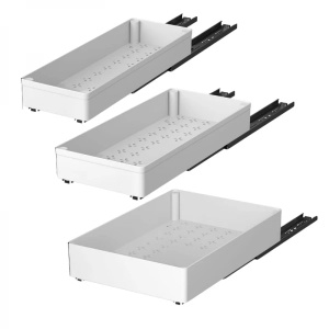Set 3 sertare cu glisiere autoadezive soft-close, extragere totala, sina cu extensie, 3 dimensiuni, din metal si plastic, alb - Img 1