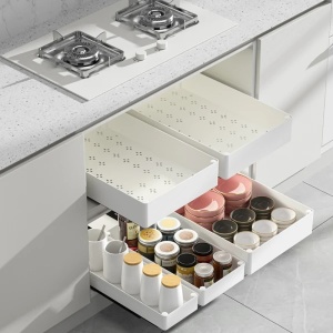 Set 3 sertare cu glisiere autoadezive soft-close, extragere totala, sina cu extensie, 3 dimensiuni, din metal si plastic, alb - Img 2