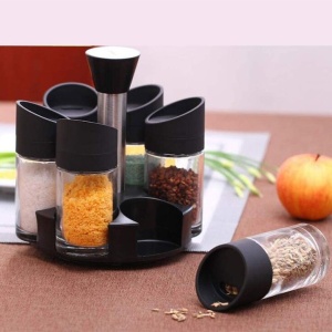 Set 6 recipiente pentru condimente, cu suport rotativ, din ABS, dimensiuni 18x16x12cm, alb/negru - Img 3