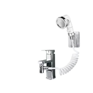 Set de dus cu para, furtun flexibil si suport de perete, pentru robinet de chiuveta, cada sau bideu, din metal si plastic, argintiu - Img 1