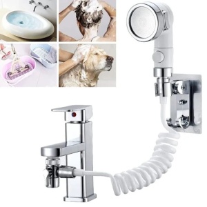 Set de dus cu para, furtun flexibil si suport de perete, pentru robinet de chiuveta, cada sau bideu, din metal si plastic, argintiu - Img 2