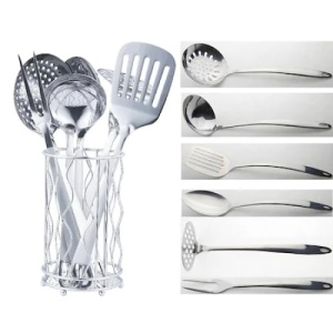 Set ustensile de bucatarie, cu 7 piese, din otel inoxidabil, cu suport vertical inclus, design deosebit, argintiu - Img 2