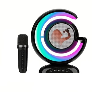 Statie smart, microfon si boxa wireless, pentru karaoke, copii sau adulti, cu slot pentru card, sau conectare la telefon, portabila, negru - Img 1