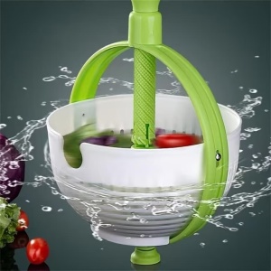 Strecuratoare rotativa multifunctionala, pentru uscat salata, cu maner extensibil si sistem de centrifugare, din plastic rezistent, alb/verde - Img 3