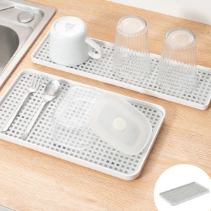 Suport pentru scurgere pahare/tacamuri, dimensiuni 31 x 17.5 x 2.3 cm, din silicon, antiderapant, se curata usor, alb - Img 1