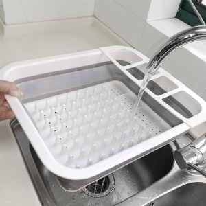Uscator pliabil pentru vase si tacamuri, din silicon, cu 4 compartimente pentru tacamuri, dimensiuni 38 X 29.3 X 4.7 cm, gri/alb - Img 3