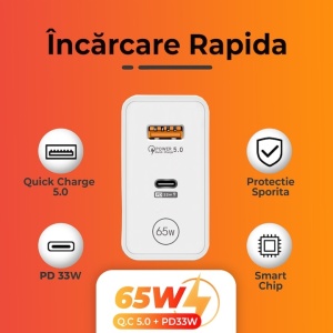 Adaptor pentru incarcator, 65W, 2 porturi, 1 USB + 1 tip C, incarcare rapida, USB pentru telefon mobil, alb - Img 2