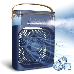 Aparat de aer conditionat, portabil, cu rezervor de apa de 600 ml, cu vapori de apa, ventilatie, umidificator, purificator, albastru - Img 1