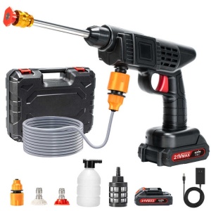 Aparat de spalat cu presiune, tip pistol, cu acumulator, cu 3 moduri de spalare, recipient pentru spuma, filtru si duze incluse, negru - Img 1