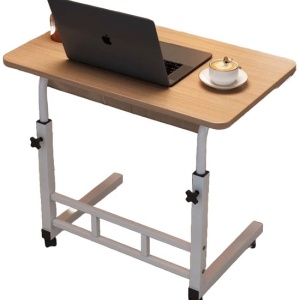 Birou multifuntional cu roti, inaltime reglabila, cadru metalic, blat lemn deschis, dimensiuni 80x40 cm, alb/lemn deschis - Img 1