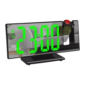 Ceas de masa, cu oglinda si proiectie, din PVC, cu 2 nivele de lumina, 2 alarme, afisaj de zi si luna, 185 X 76/96 X 27/45 mm, incarcare USB, negru/verde - Img 1