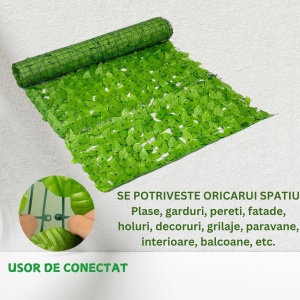 Gard viu artificial decorativ, frunze verzi naturale, dimensiuni 3m x 1m, verde deschis, ideal pentru decorarea gradinii, balconului, gardurilor sau teraselor, usor de montat, design realist pentru un aspect mereu proaspat si elegant - Img 4