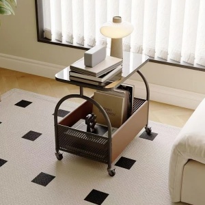 Masuta portabila cu compartiment pentru depozitare, blat din sticla, cadru metalic, dimensiuni 56 x 55 x 36 cm, negru - Img 3