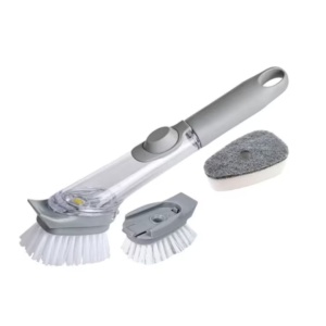 Perie multifunctionala pentru spalat vase, maner lung cu rezervor pentru detergent, cu 2 capete de rezerva, 1 perie si 1 burete, 24 cm, gri - Img 1