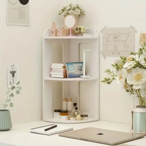 Raft de colt, multifunctional, pentru birou, baie, cu 2 etajere, dimensiuni 60x24x24cm, din MDF, alb - Img 1