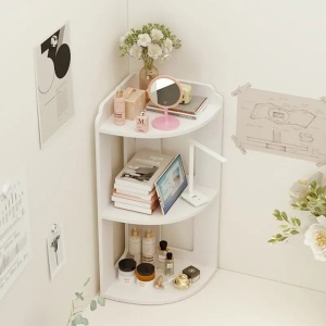 Raft de colt, multifunctional, pentru birou, baie, cu 2 etajere, dimensiuni 60x24x24cm, din MDF, alb - Img 3
