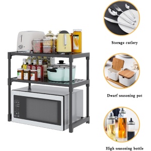 Raft extensibil, suport pentru cuptorul cu microunde, multifunctional, pentru bucatarie, baie, dormitor, din metal si plastic, eco-friendly, instalare usoara, negru - Img 1