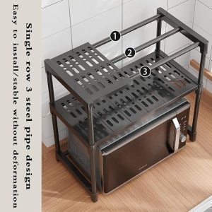 Raft extensibil, suport pentru cuptorul cu microunde, multifunctional, pentru bucatarie, baie, dormitor, din metal si plastic, eco-friendly, instalare usoara, negru - Img 4