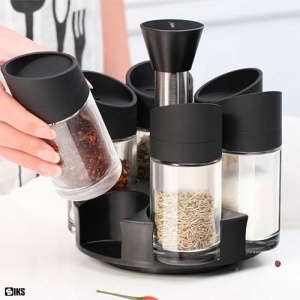 Set 6 recipiente pentru condimente, cu suport rotativ, din ABS, dimensiuni 18x16x12cm, alb/negru - Img 4