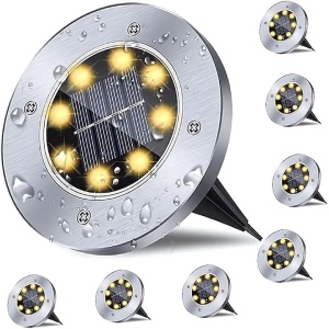 Set 8 lampi solare, tip spot, cu sistem de fixare tip tarus, rezistente la apa, carcasa metalica, cu 8 LED-uri, argintiu - Img 1