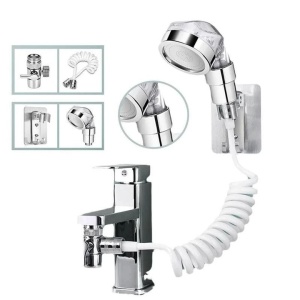 Set de dus cu para, furtun flexibil si suport de perete, pentru robinet de chiuveta, cada sau bideu, din metal si plastic, argintiu - Img 3