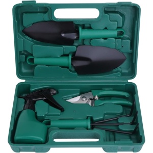 Set unelte de gradinarit, cu 5 piese, cutie pentru depozitat si transport, din metal si plastic, verde - Img 3