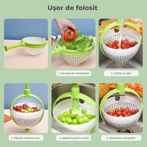 Strecuratoare rotativa multifunctionala, pentru uscat salata, cu maner extensibil si sistem de centrifugare, din plastic rezistent, alb/verde - Img 4