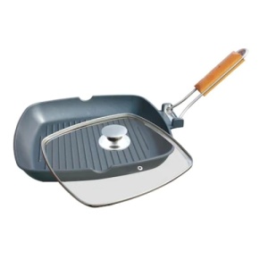 Tigaie tip grill, cu capac din sticla termorezistenta, dimensiuni 28x28 cm, cu maner din lemn, negru - Img 1