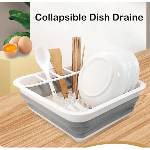 Uscator pliabil pentru vase si tacamuri, din silicon, cu 4 compartimente pentru tacamuri, dimensiuni 38 X 29.3 X 4.7 cm, gri/alb - Img 4