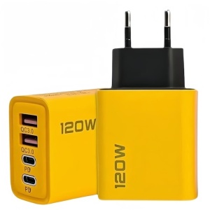 Adaptor pentru incarcator, 120W, 4 porturi, 2 USB + 2 tip C, incarcare rapida, USB pentru telefon mobil, galben/negru - Img 1
