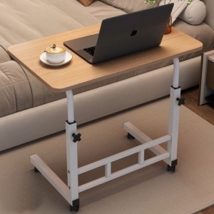 Birou multifuntional cu roti, inaltime reglabila, cadru metalic, blat lemn deschis, dimensiuni 80x40 cm, alb/lemn deschis - Img 2