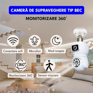 Camera de supraveghere tip bec, WiFi, dubla, 360° panoramic, alarma, vedere nocturna, port microSD, detectare a miscarii, alb - Img 2