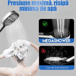 Cap de dus 3-în-1 cu presiune înalta, 3 moduri de pulverizare - ploaie, masaj și cascada, din metal, usor de instalat si de curatat, argintiu/negru - Img 3