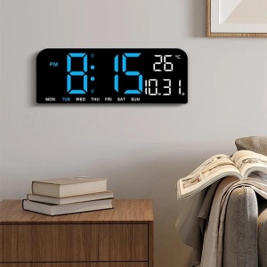 Ceas de masa si de perete, digital, cu lumina led albastru, calendar, cronometru, alarma, termometru, functie snooze, 2 moduri de iluminare, dimensiuni 24x9cm, negru/albastru - Img 1