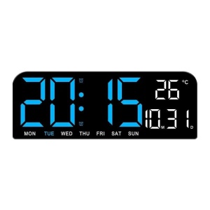 Ceas de masa si de perete, digital, cu lumina led albastru, calendar, cronometru, alarma, termometru, functie snooze, 2 moduri de iluminare, dimensiuni 24x9cm, negru/albastru - Img 2
