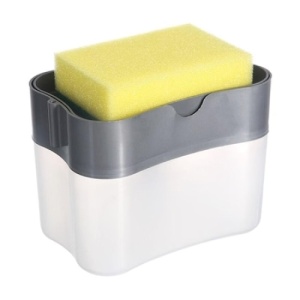 Dispencer pentru detergent de vase, cu suport pentru burete, din plastic, din ABS, cu doua compartimente, gri - Img 1